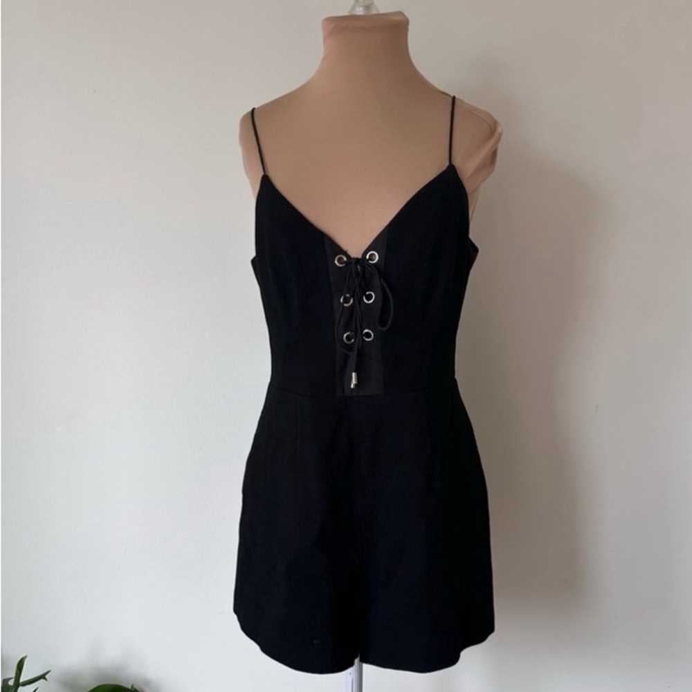 C/Meo Collective For The People Playsuit Ribbed Knit Black Lace Up Mini Romper M